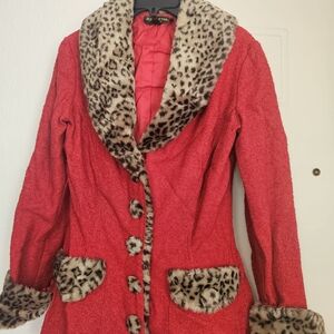 Vintage Betsey Johnson Luxe Red Bouclé Leopard Faux Fur Blazer – Rare Y2K Pin-Up